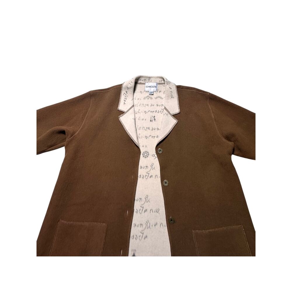 Chico's Tailored Jacket Women's 3 Brown Writing Scriptures Print Button Front - Picture 4 of 15